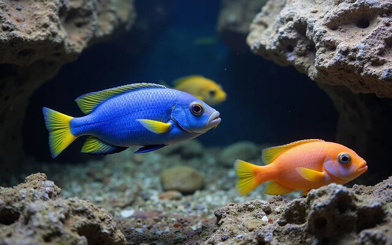 African Mbuna cichlids over rockwork