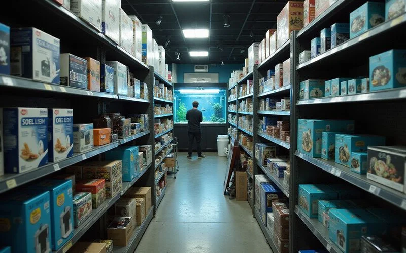 Aquarium equipment aisle with filters and lighting