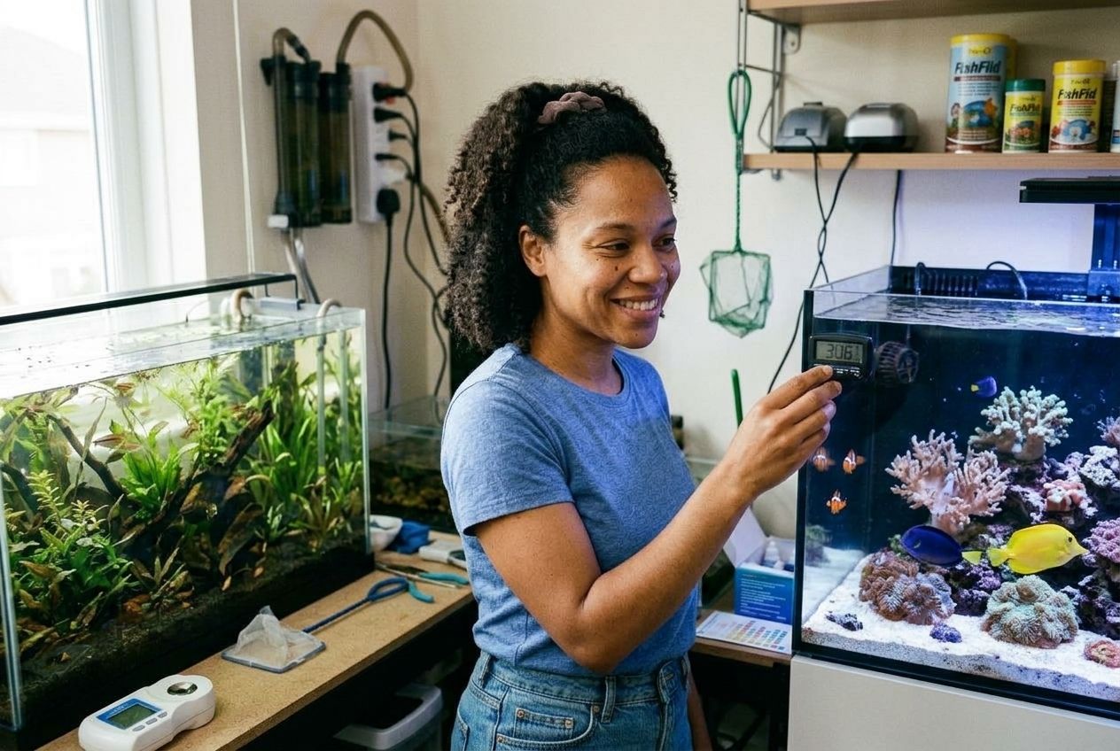 A hobbyist thoughtfully observing their home aquariums, comparing freshwater and saltwater setups.