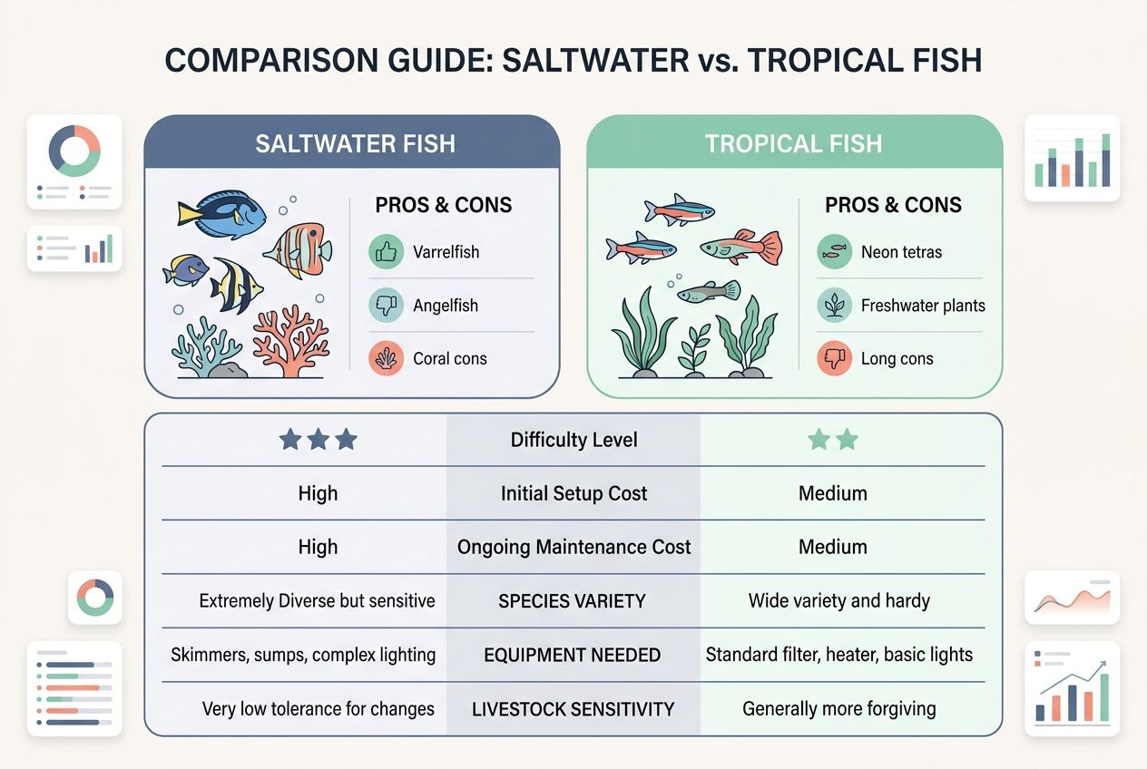 A digital chart comparing the difficulty levels and setup costs of saltwater versus tropical fish tanks.