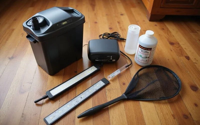 Aquarium starter equipment laid out: filter, heater, water conditioner, test kit, food