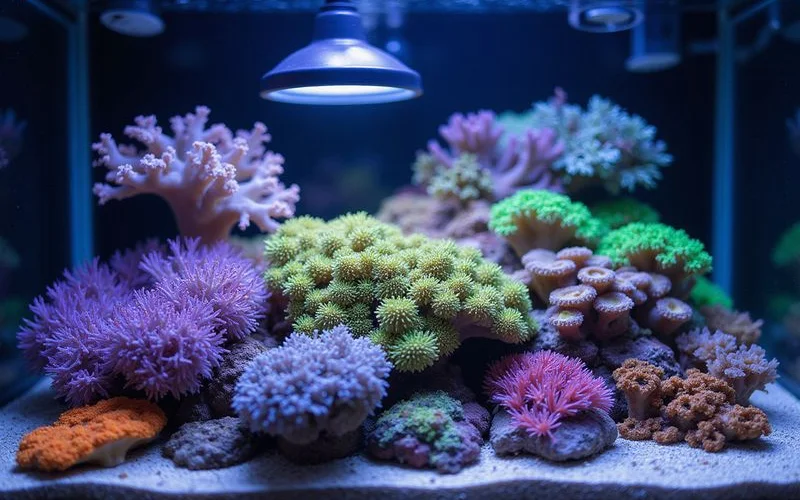 Coral frag rack with mixed SPS, LPS, and soft corals