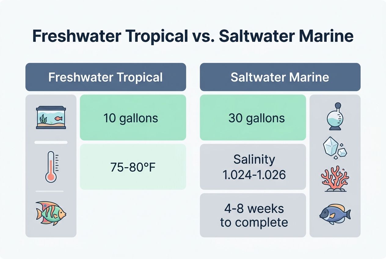 A comparison chart detailing the water, tank size, and cycle timeline requirements for freshwater versus saltwater aquariums.