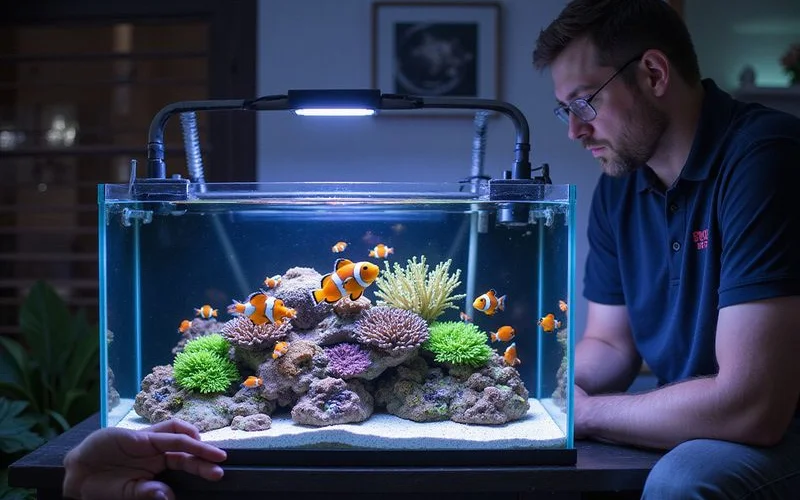 Crowded nano reef showing corals and fish that have outgrown the tank