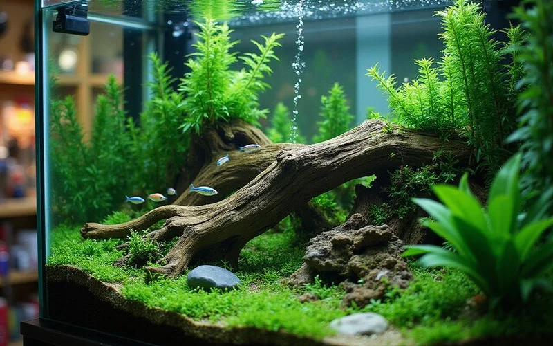 Planted freshwater community aquarium with schooling tetras