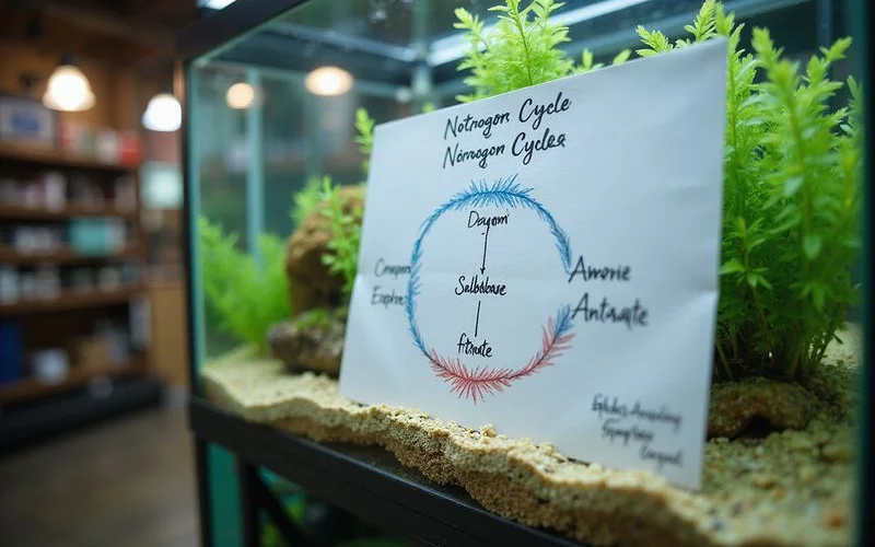 Nitrogen cycle infographic showing ammonia, nitrite, nitrate progression