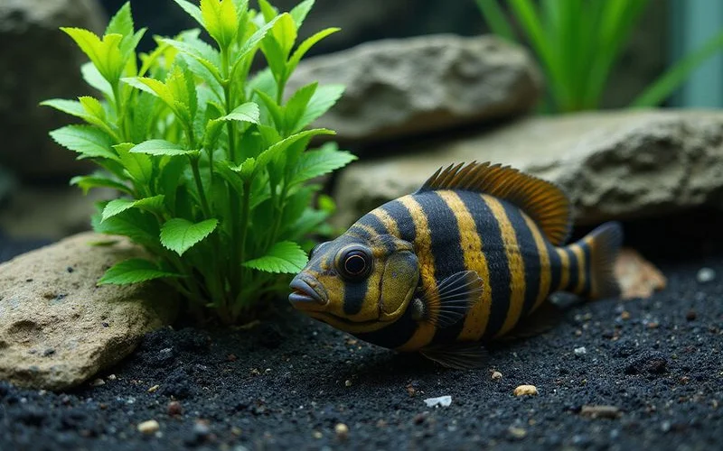 Oscar cichlid digging and rearranging substrate in a freshwater aquarium