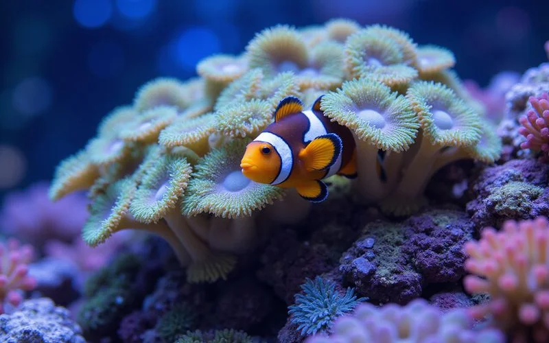 Saltwater reef tank with clownfish and corals
