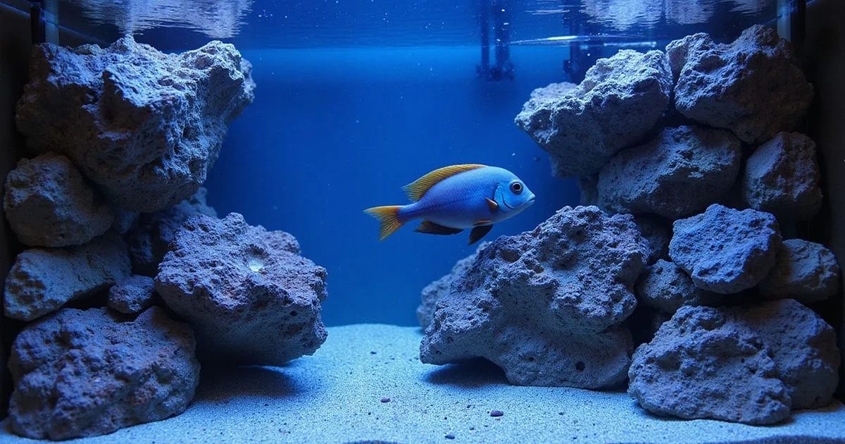 55-gallon African cichlid tank with elaborate rockwork and Mbuna