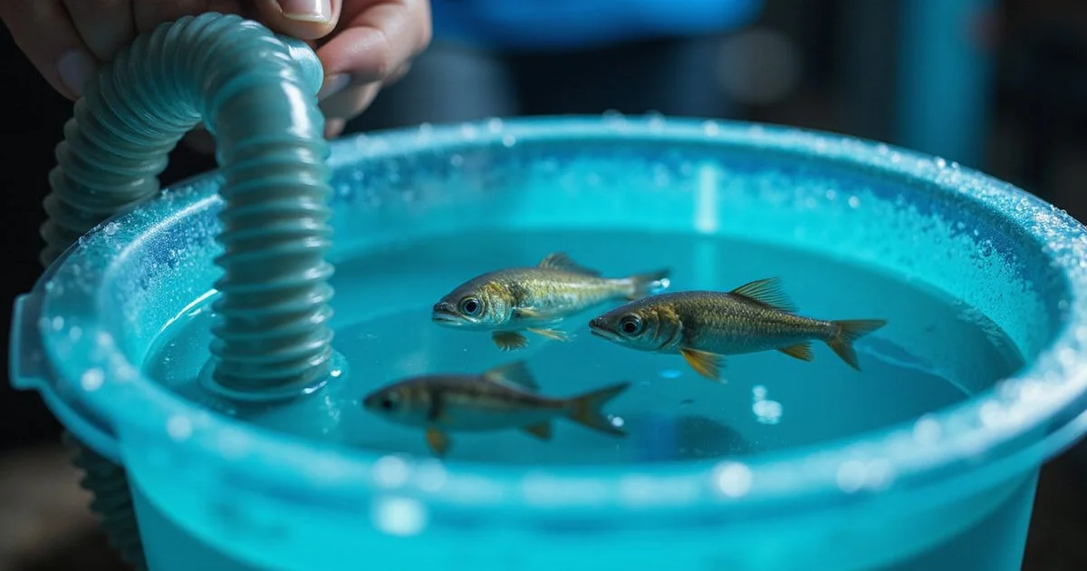 Drip acclimation setup with a new saltwater fish in a bucket and tubing