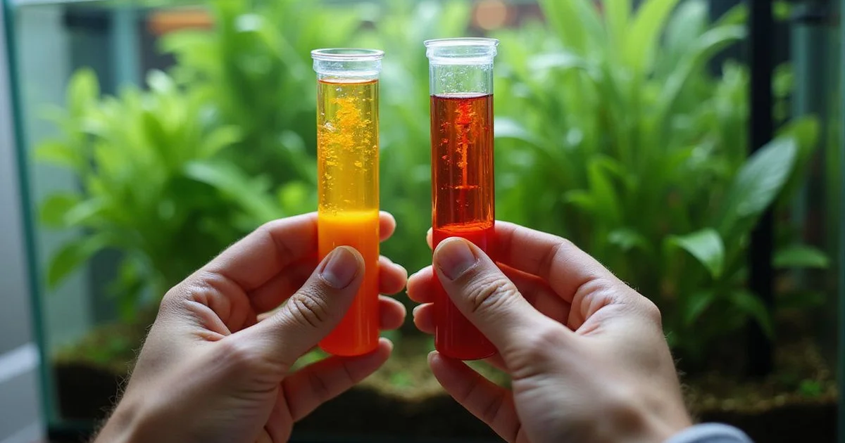 Hands holding API water test tubes against a freshly cycled planted tank