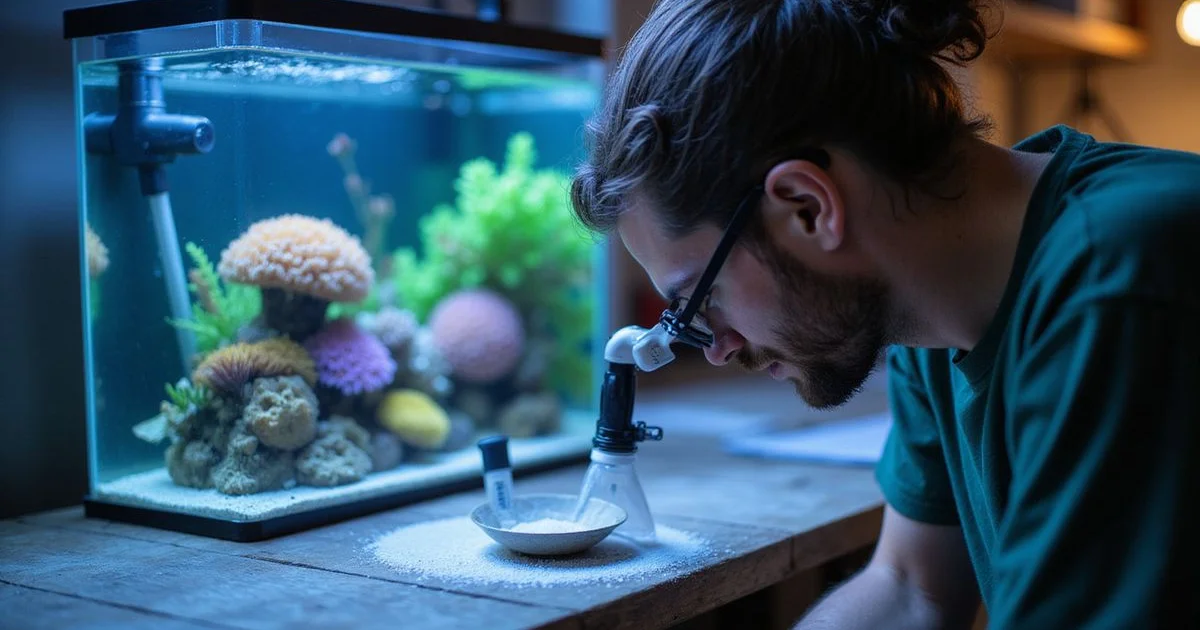Hobbyist mixing saltwater with refractometer next to a nano reef tank