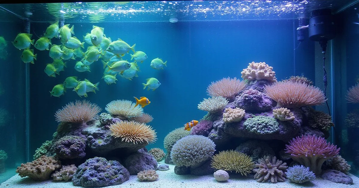 Multi-species saltwater display tank with chromis, clowns, and yellow tang