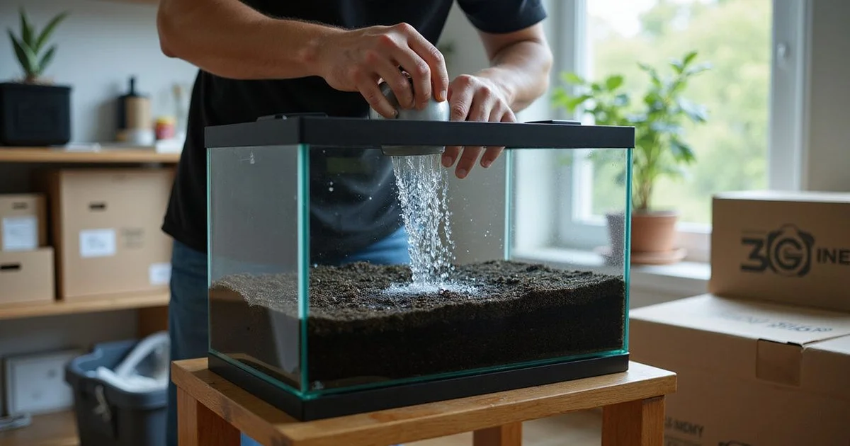 New 20-gallon freshwater aquarium being set up with substrate and decor