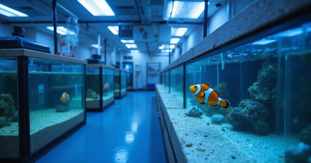 Quarantine tank wall with bare-bottom holding tanks and healthy clownfish