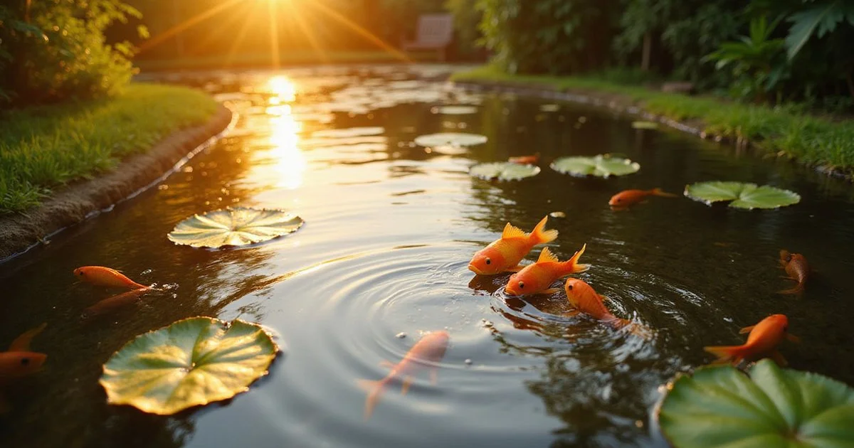 Sarasota backyard pond with shubunkin and comet goldfish at golden hour