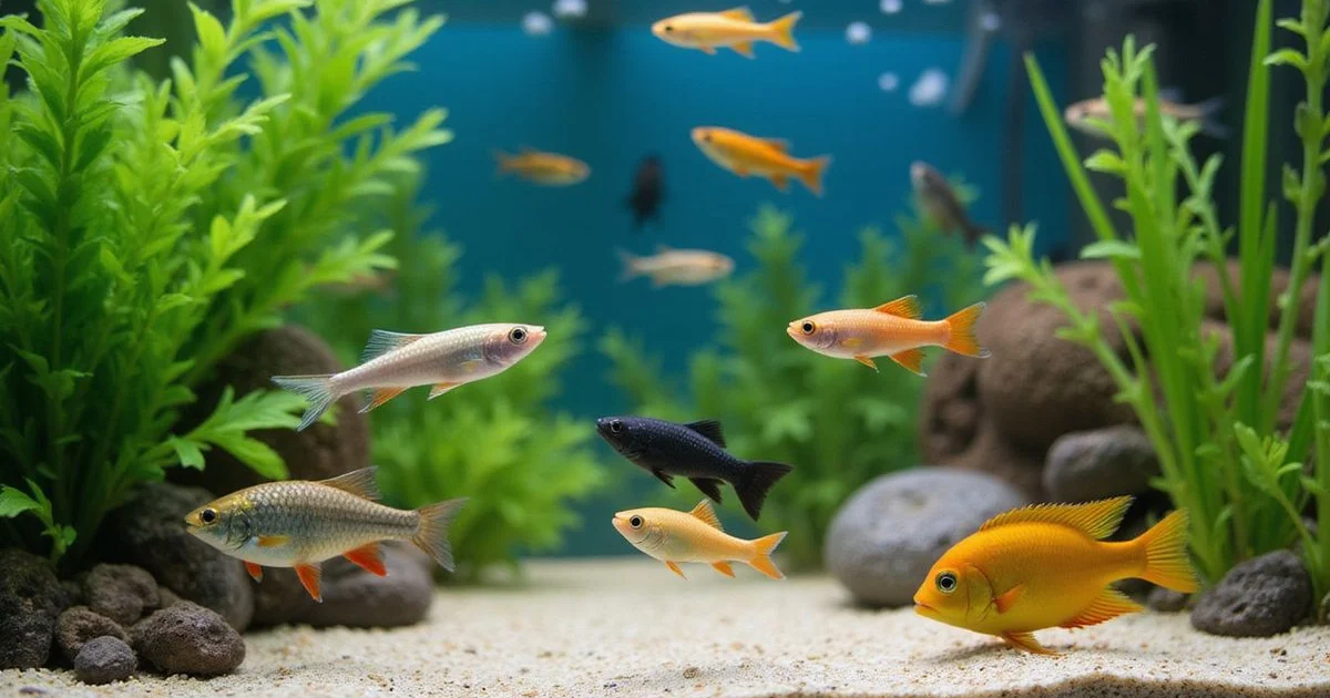 Sarasota community aquarium with mollies, guppies, platys, and African cichlids thriving in hard Florida tap water