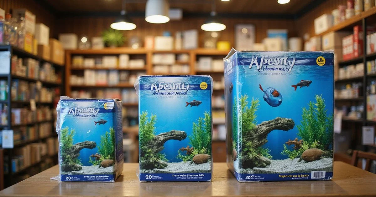 Three freshwater aquarium starter kits arranged by size on a store shelf