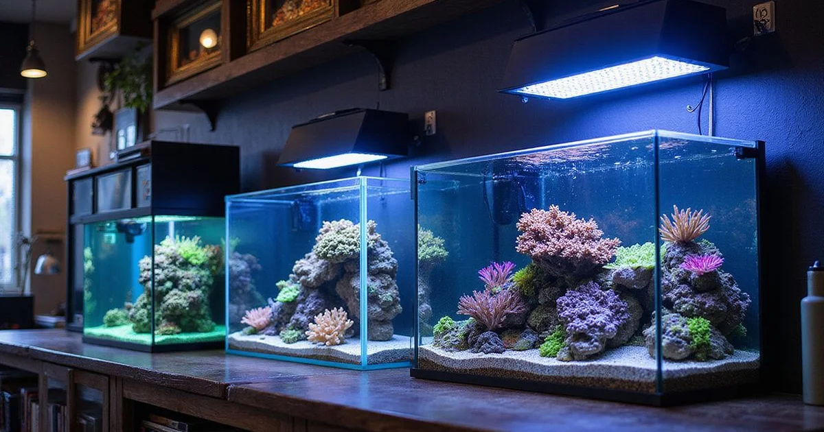 Three reef tank tiers — nano, mid-size, large reef — displayed in store