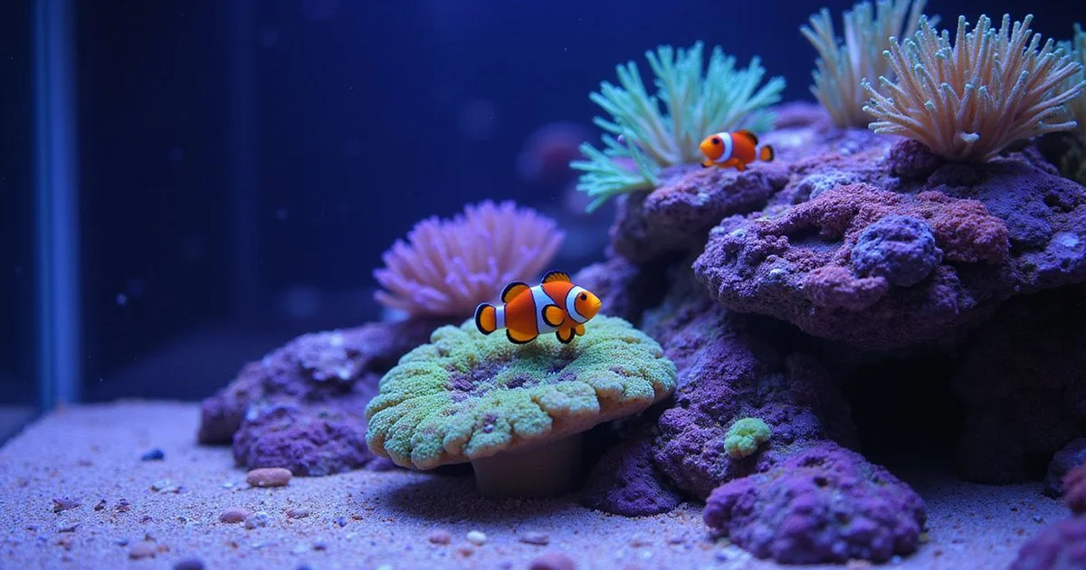 Vibrant beginner reef tank with ocellaris clownfish, firefish, and corals