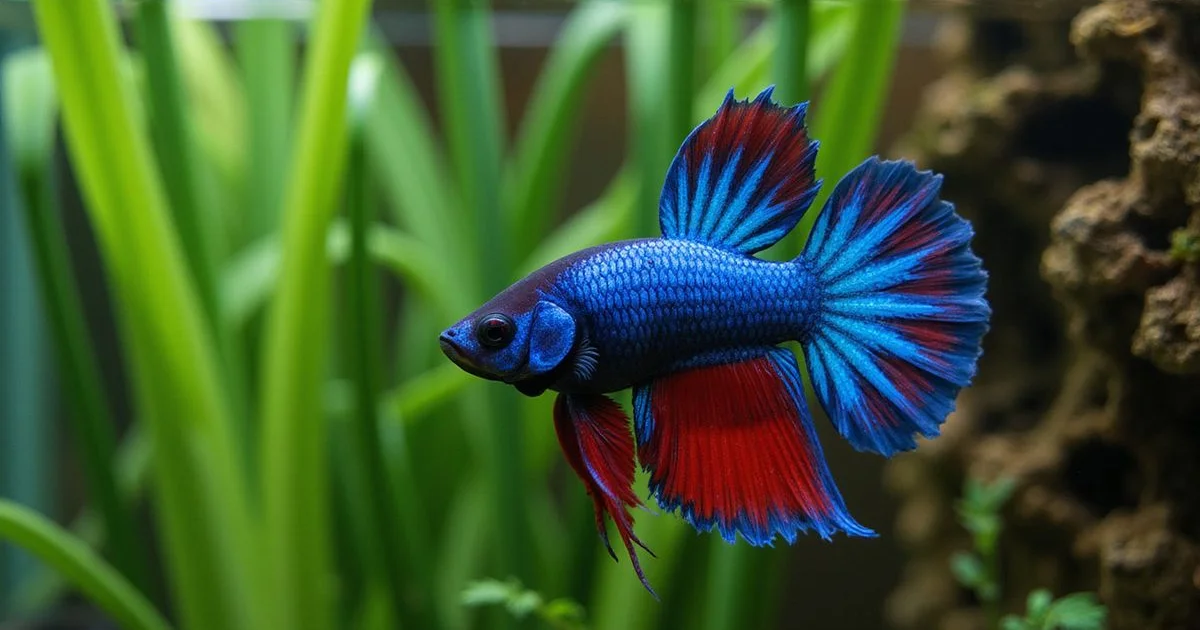 Vibrant blue-red betta in a properly furnished planted 5-gallon tank with heater