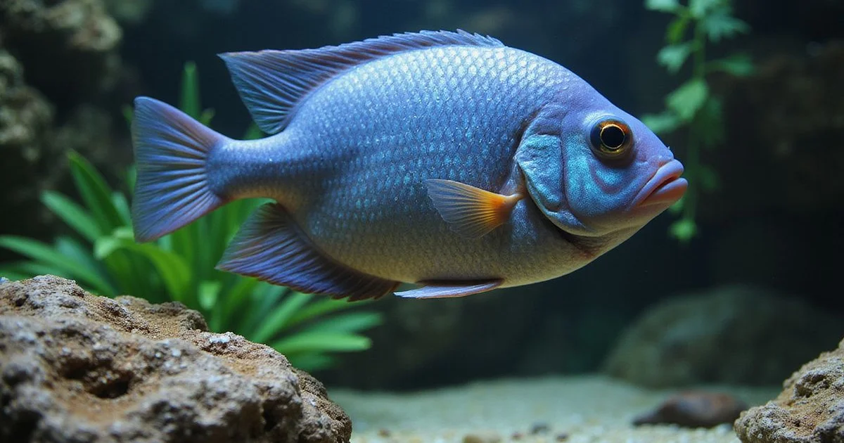 Large African cichlid pressing against the front glass of a 75 gallon aquarium