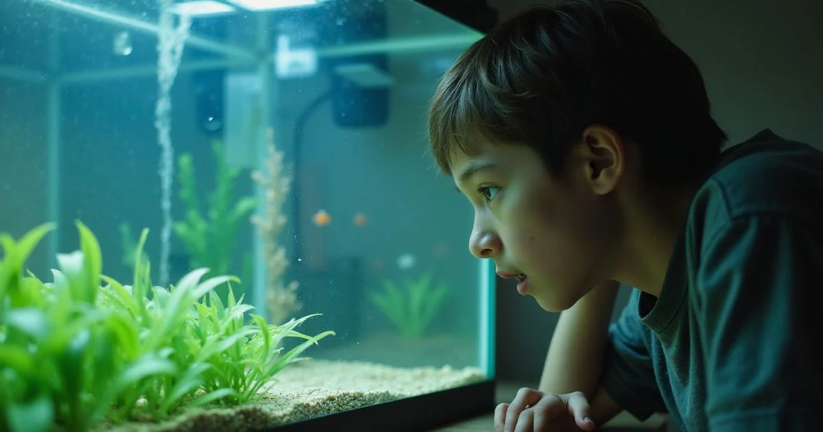 Worried first-time aquarium owner peering into a community tank