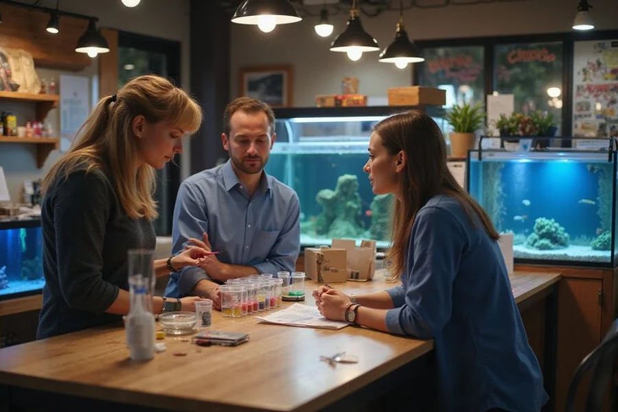 Marcus Chen at the counter helping a customer with a water sample
