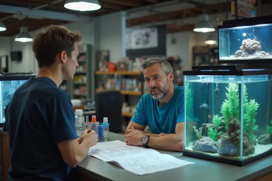 Marcus Chen helping a hobbyist with a tank plan