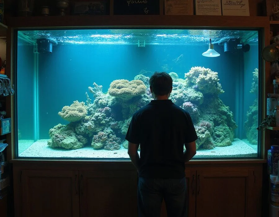 Owner Marcus Chen beside a saltwater reef tank