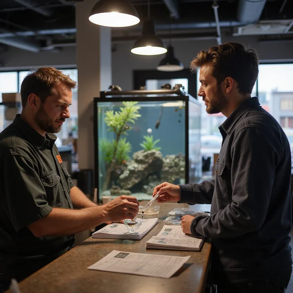 Marcus Chen helping a hobbyist at the counter