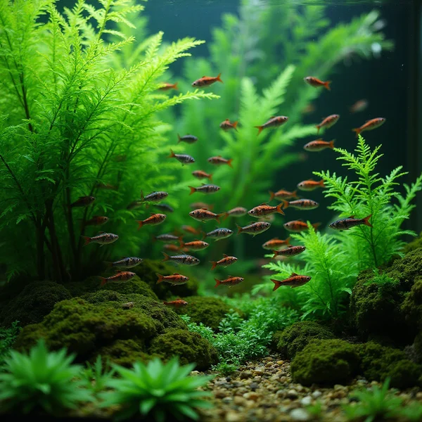Planted freshwater display with schooling rasboras