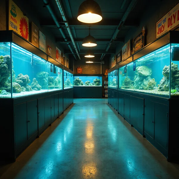 Sarasota aquarium store interior with rows of freshwater tanks